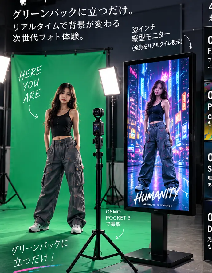 グリーンバックと縦型モニターを使ったHUMANITY ARフォト体験の紹介ビジュアル